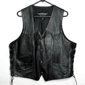 Unik Black Leather Motorcycle Biker Vest 46 Snap Front Pockets Lace Up Sides